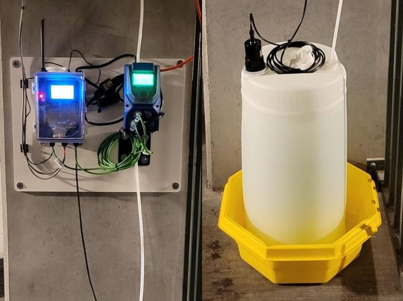 Commercial Liquid Active Armour install: smart controller and injection pump, and chemical tank with level sensor